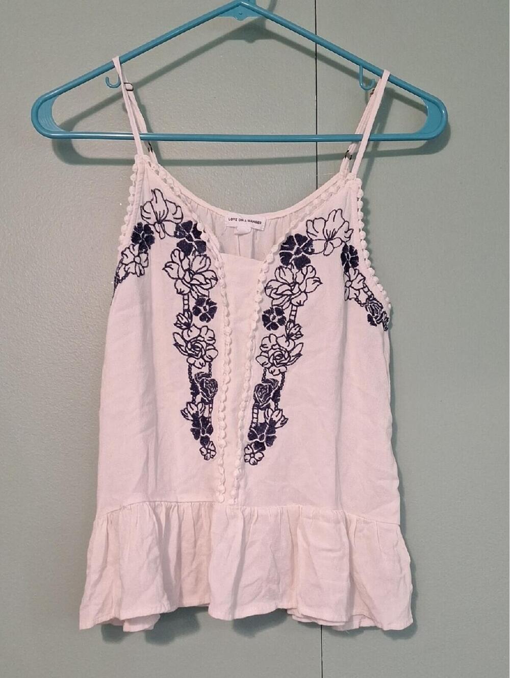 Love On A Hanger Off White Ruffle Lace Blue Floral Tank Top Size Medium